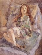 Jules Pascin The red hair girl wearing  green dress oil